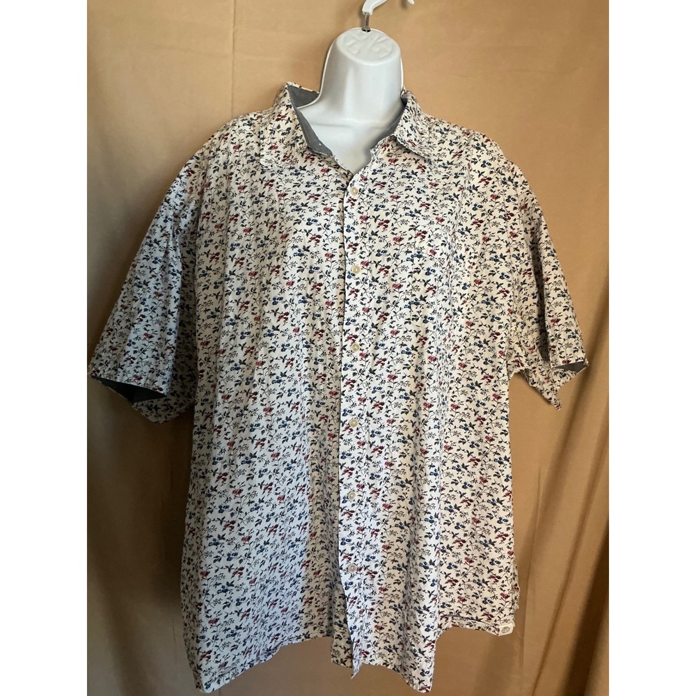 Free Planet Floral Button Down Shirt 4X White Blue Good Short Sleeve Cotton